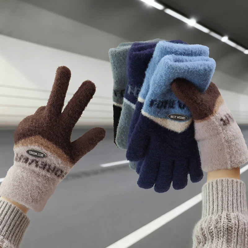 Touchscreen Cotton Gloves for Men, Winter Warm Fleece-Lined Thick Knitted Gloves for Cycling, Unisex Cold-Proof Gloves