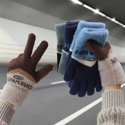 Touchscreen Cotton Gloves for Men, Winter Warm Fleece-Lined Thick Knitted Gloves for Cycling, Unisex Cold-Proof Gloves