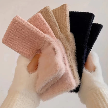 Autumn Winter Soft Mink Fleece Half Finger Gloves Women Plush Knitted Fingerless Gloves Wrist Mittens Driving Writting Gloves