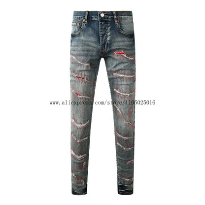 High Street New Trendy Men's Jeans Low Rise Stretch PantsSkinny Button Fly Ripped Retro Hold Trousers