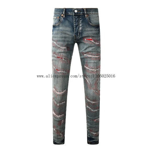 High Street New Trendy Men's Jeans Low Rise Stretch PantsSkinny Button Fly Ripped Retro Hold Trousers