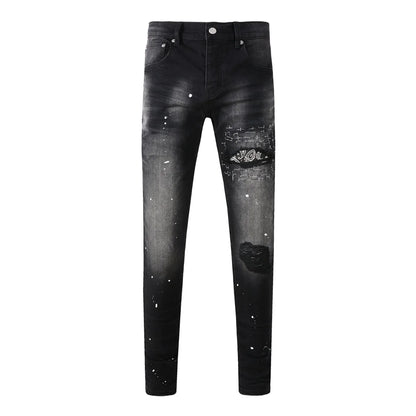 High Street New Trendy Men's Jeans Low Rise Stretch PantsSkinny Button Fly Ripped Retro Hold Trousers