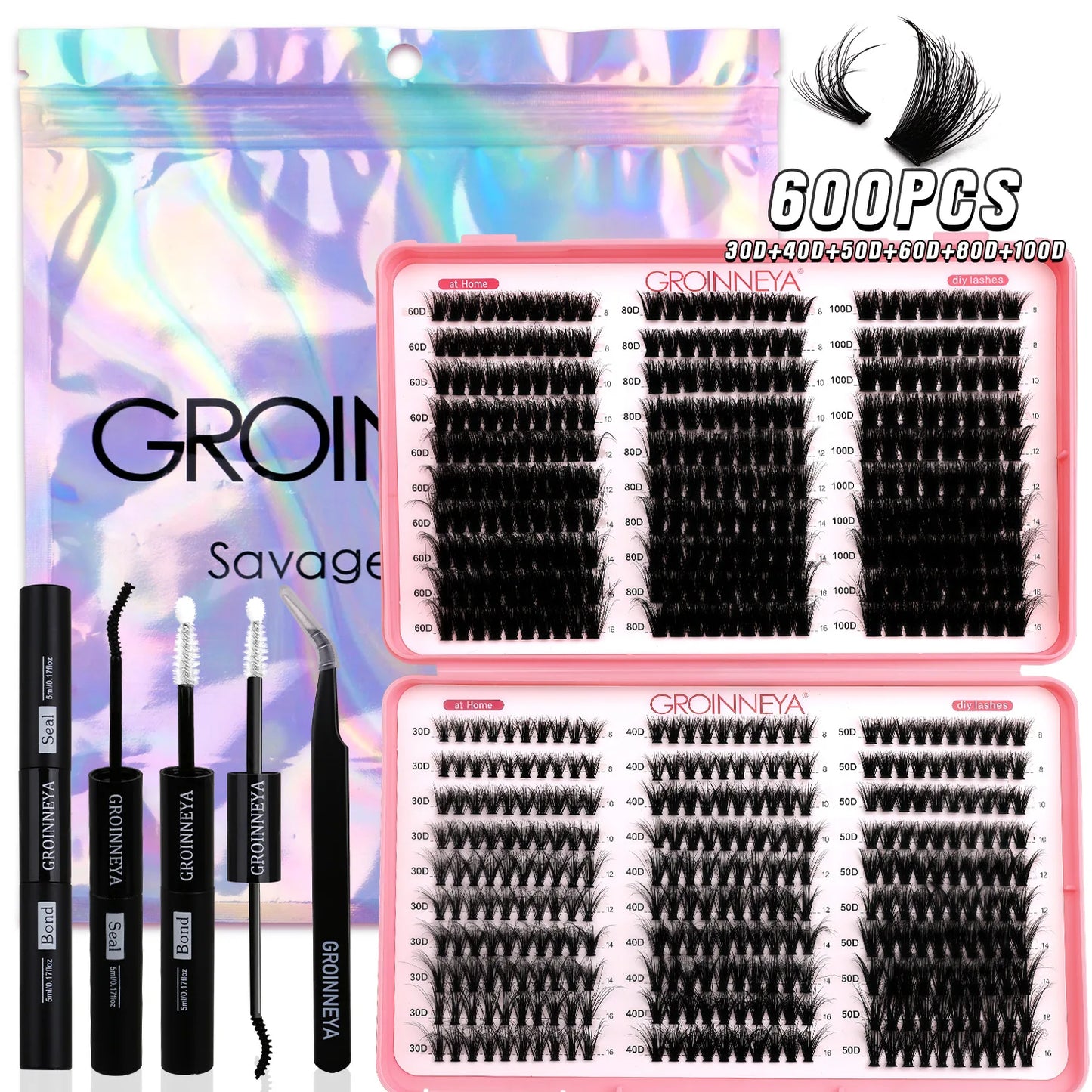 GROINNEYA DIY Lash Clusters Kit Mixed Tray Eyelash Extension Full Set Individual Lashes with Lash Bond&Seal and Tweezers Tool