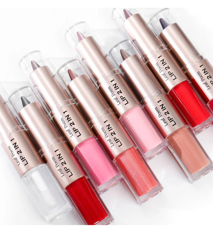 Black Brown Tapered Lip Liner Contour Pencil Double Head Mirror Plumping Lip Glaze Crystal Lip Gloss Sexy Red Lips Tint Makeup