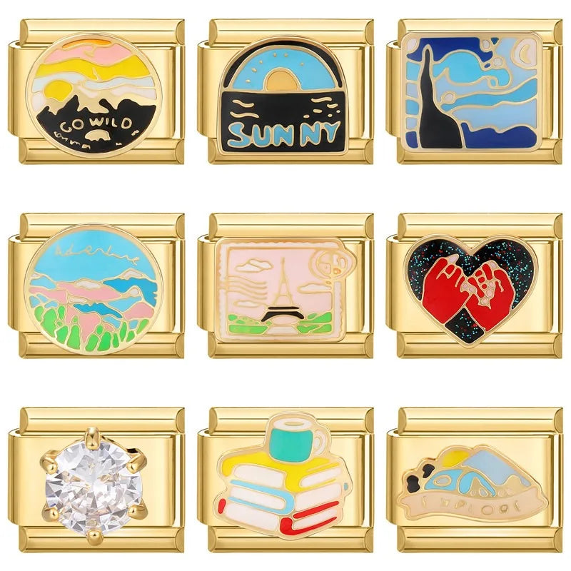 New Fashion 9mm 15 Style Italian Modular Charm Bracelet Fashionable Leisure Holiday Scenery Literary Modular Elastic Bracelet