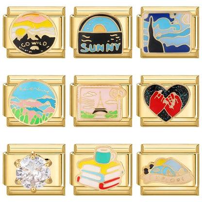 New Fashion 9mm 15 Style Italian Modular Charm Bracelet Fashionable Leisure Holiday Scenery Literary Modular Elastic Bracelet