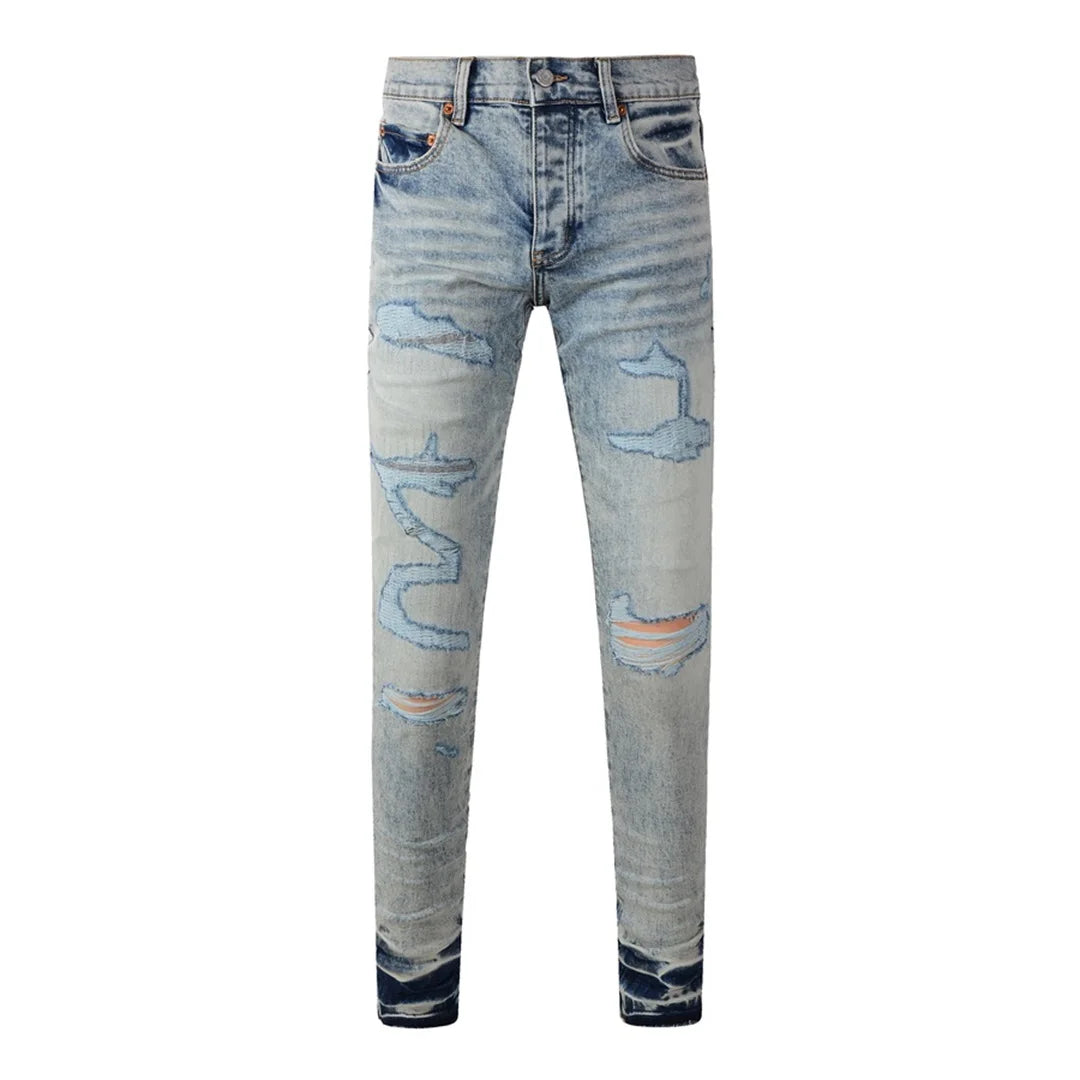 High Street New Trendy Men's Jeans Low Rise Stretch PantsSkinny Button Fly Ripped Retro Hold Trousers