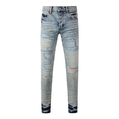 High Street New Trendy Men's Jeans Low Rise Stretch PantsSkinny Button Fly Ripped Retro Hold Trousers
