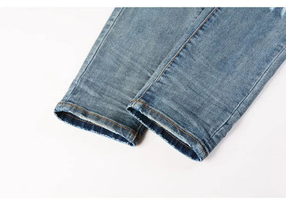 Street Fashion Men Jeans Retro Washed Blue Stretch Skinny Fit Ripped Jeans Men Patched Designer Hip Hop Brand Denim Pants Hombre