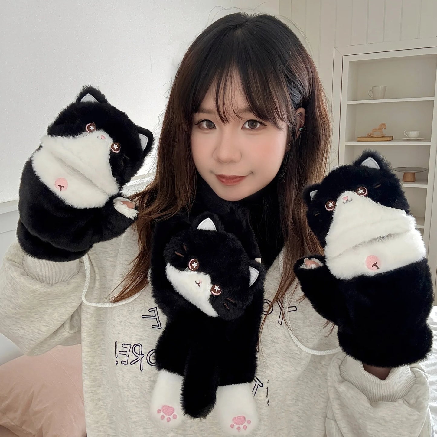 Cute Milk Cat Plush Autumn And Winter Cold Resistant Warm Gloves Scarf Kitten Knee Pads