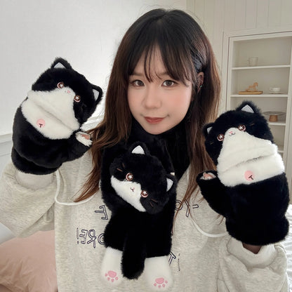 Cute Milk Cat Plush Autumn And Winter Cold Resistant Warm Gloves Scarf Kitten Knee Pads