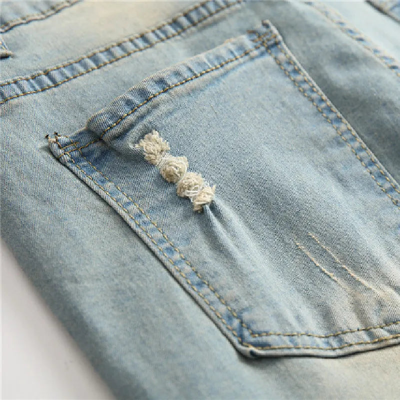 Simple Style Retro Solid Holes Skinny Men Jeans Trousers Stylish Male Ripped Stretch Jogging Casual Denim Pants