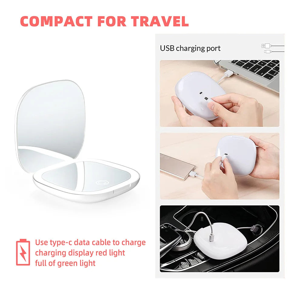 Mini Compact Foldable Pocket Hand Led Makeup Mirror With Led Light 5x/10x Magnification Rechargeable And Small
