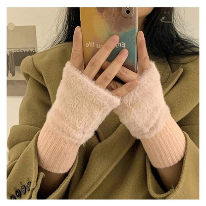 Autumn Winter Soft Mink Fleece Half Finger Gloves Women Plush Knitted Fingerless Gloves Wrist Mittens Driving Writting Gloves