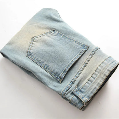 Simple Style Retro Solid Holes Skinny Men Jeans Trousers Stylish Male Ripped Stretch Jogging Casual Denim Pants
