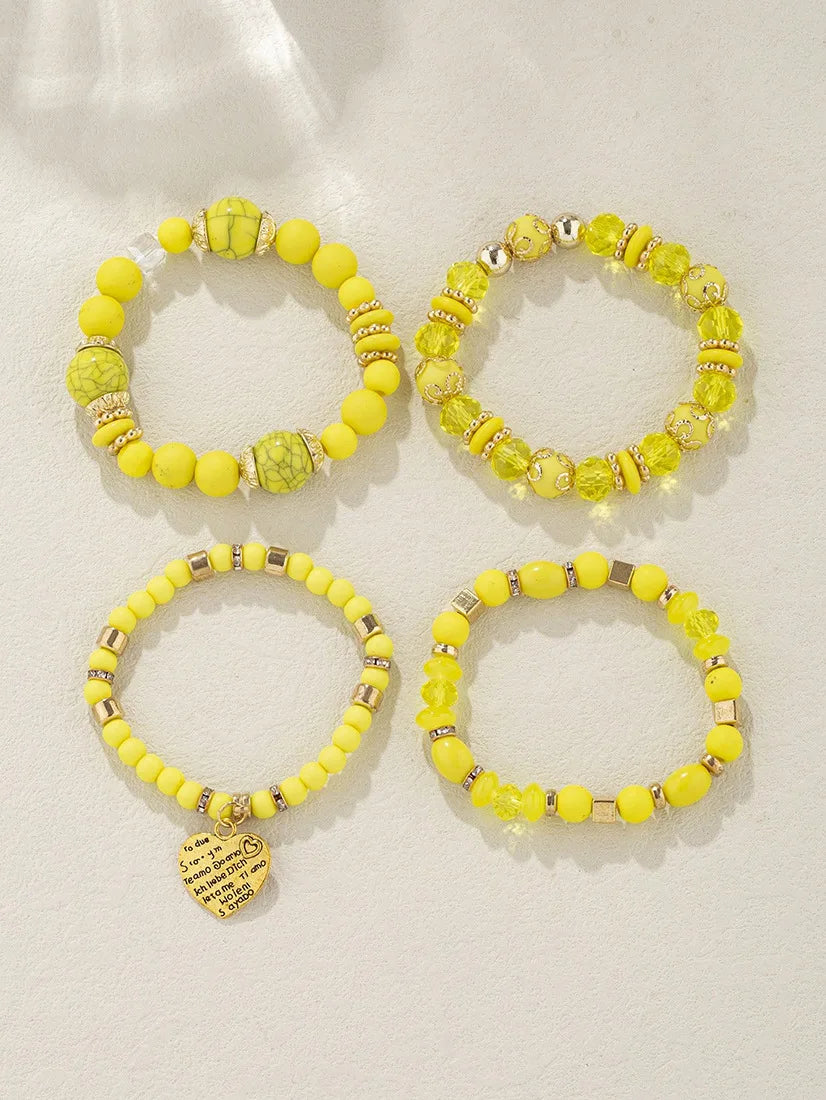 4Pcs Boho Crystal Beads Chain Bracelet Set For Women Vintage Heart Charm Elastic Bangle Female Fashion Party Jewelry