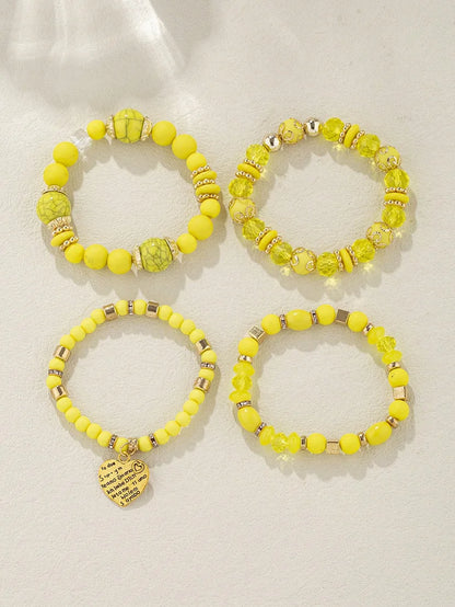 4Pcs Boho Crystal Beads Chain Bracelet Set For Women Vintage Heart Charm Elastic Bangle Female Fashion Party Jewelry