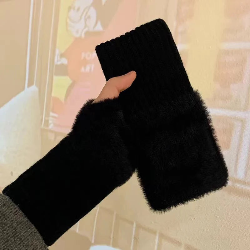 Autumn Winter Soft Mink Fleece Half Finger Gloves Women Plush Knitted Fingerless Gloves Wrist Mittens Driving Writting Gloves