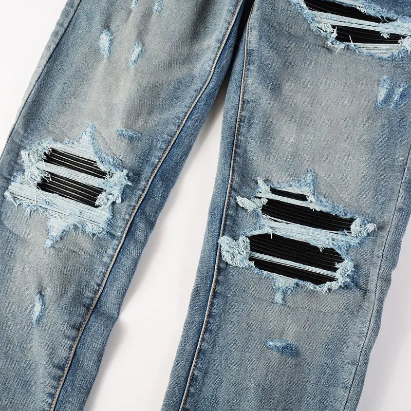 Street Fashion Men Jeans Retro Washed Blue Stretch Skinny Fit Ripped Jeans Men Patched Designer Hip Hop Brand Denim Pants Hombre