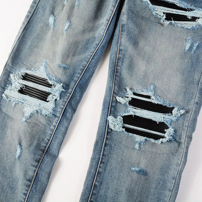 Street Fashion Men Jeans Retro Washed Blue Stretch Skinny Fit Ripped Jeans Men Patched Designer Hip Hop Brand Denim Pants Hombre