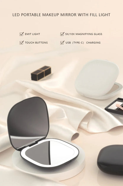 Mini Compact Foldable Pocket Hand Led Makeup Mirror With Led Light 5x/10x Magnification Rechargeable And Small