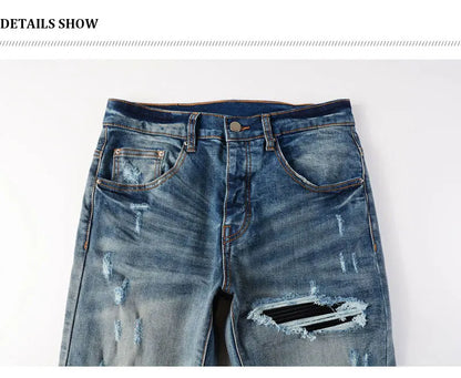 Street Fashion Men Jeans Retro Washed Blue Stretch Skinny Fit Ripped Jeans Men Patched Designer Hip Hop Brand Denim Pants Hombre