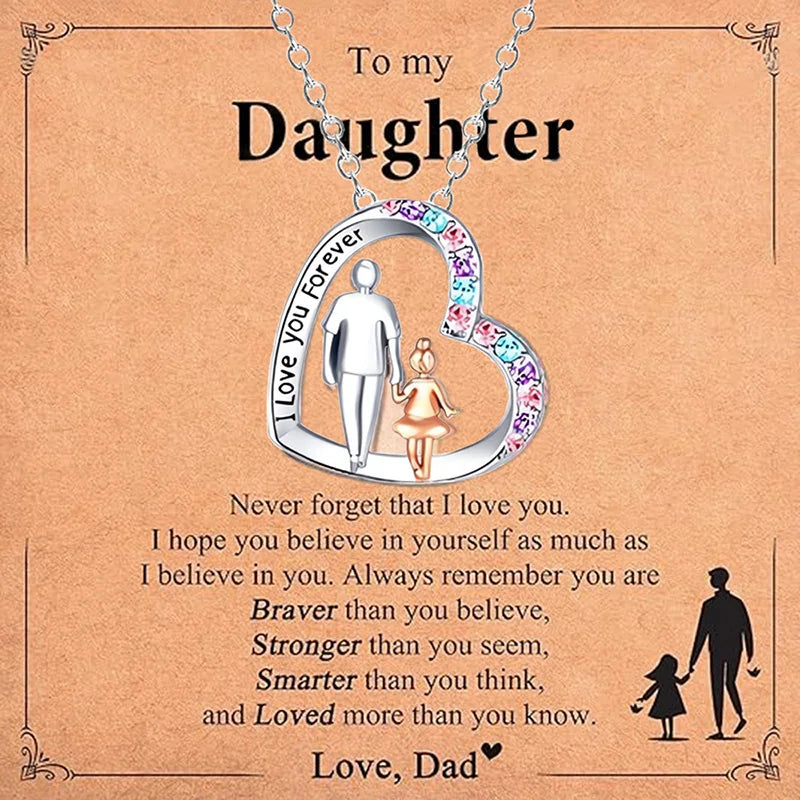Cute I Love You Forever Dad And Daughter Necklace Colorful Crystal Heart Pendant Necklaces For Girls Jewelry
