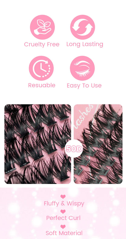 QIUNING Lashes Clusters Kit Cat Eye Lashes Individual Eyelashes with Lash Bond & Seal Full Set Lashes Extension Makeup Tools