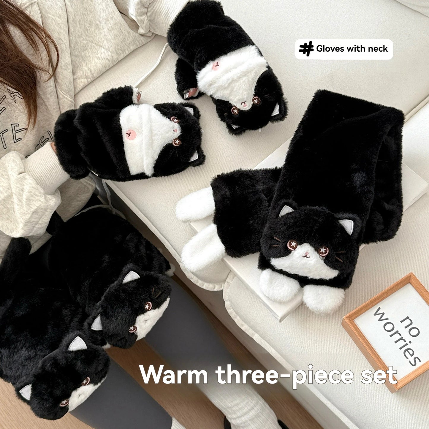 Cute Milk Cat Plush Autumn And Winter Cold Resistant Warm Gloves Scarf Kitten Knee Pads