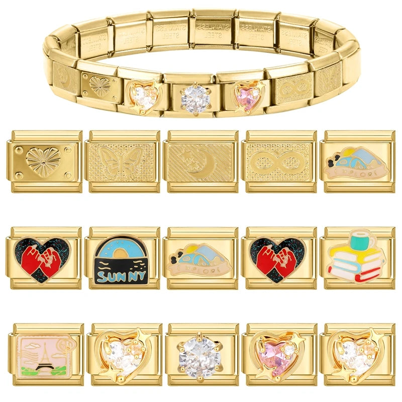 New Fashion 9mm 15 Style Italian Modular Charm Bracelet Fashionable Leisure Holiday Scenery Literary Modular Elastic Bracelet