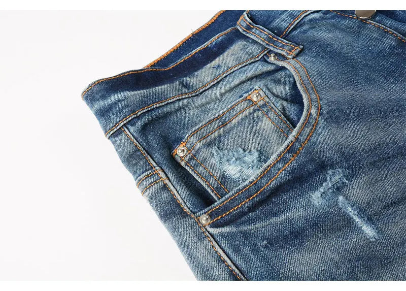 Street Fashion Men Jeans Retro Washed Blue Stretch Skinny Fit Ripped Jeans Men Patched Designer Hip Hop Brand Denim Pants Hombre