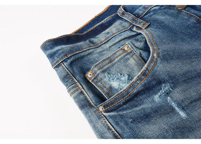 Street Fashion Men Jeans Retro Washed Blue Stretch Skinny Fit Ripped Jeans Men Patched Designer Hip Hop Brand Denim Pants Hombre