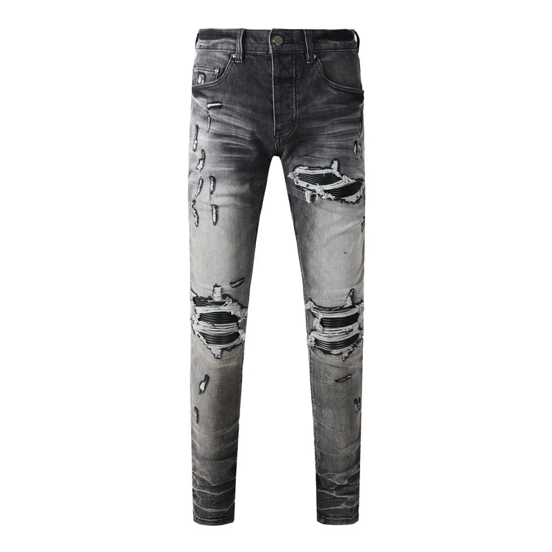 Street Fashion Men Jeans Retro Washed Blue Stretch Skinny Fit Ripped Jeans Men Patched Designer Hip Hop Brand Denim Pants Hombre