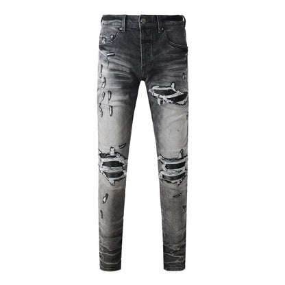 Street Fashion Men Jeans Retro Washed Blue Stretch Skinny Fit Ripped Jeans Men Patched Designer Hip Hop Brand Denim Pants Hombre