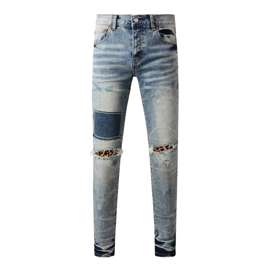 High Street New Trendy Men's Jeans Low Rise Stretch PantsSkinny Button Fly Ripped Retro Hold Trousers