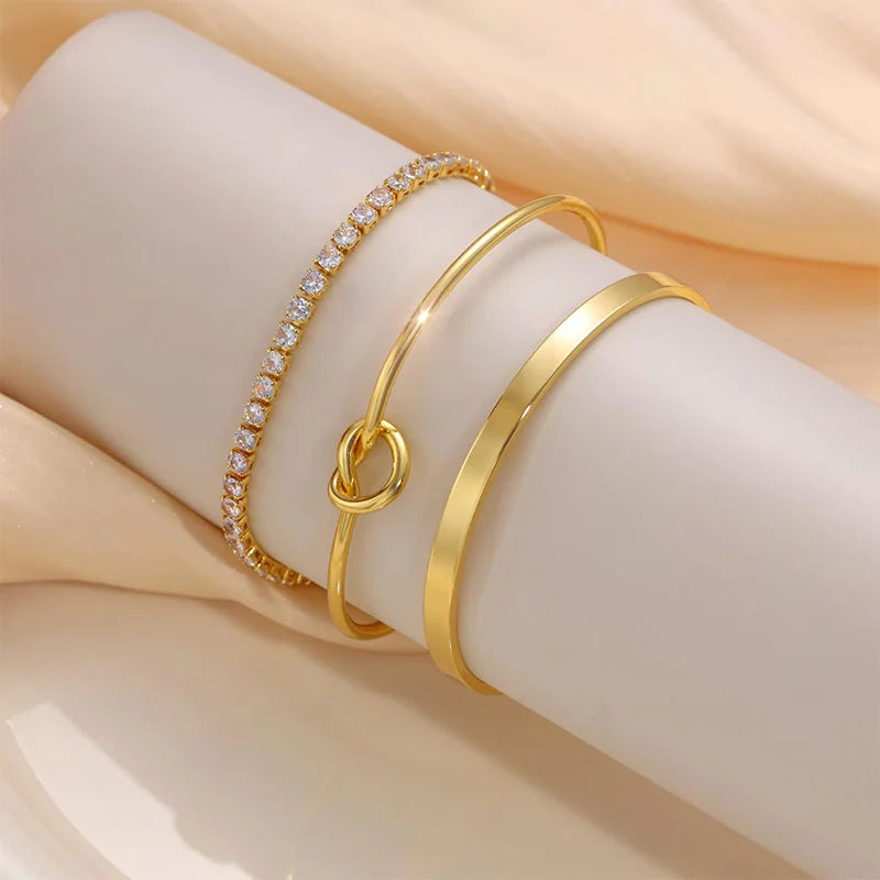 3pcs Stainless Steel Gold Plated Bracelets for Women Adjustable Jewelry Gifts Luxury Zircon Chain Bangles Jewelry Accessories