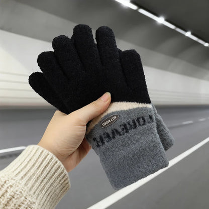 Touchscreen Cotton Gloves for Men, Winter Warm Fleece-Lined Thick Knitted Gloves for Cycling, Unisex Cold-Proof Gloves