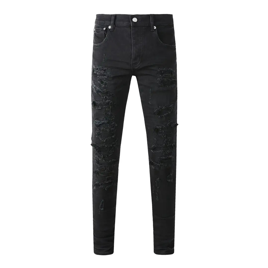 High Street New Trendy Men's Jeans Low Rise Stretch PantsSkinny Button Fly Ripped Retro Hold Trousers