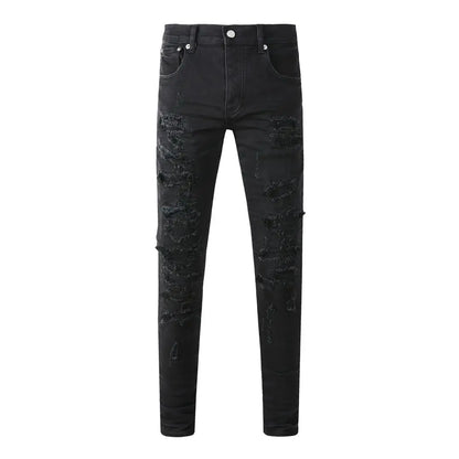High Street New Trendy Men's Jeans Low Rise Stretch PantsSkinny Button Fly Ripped Retro Hold Trousers