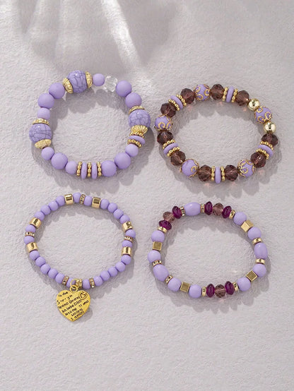 4Pcs Boho Crystal Beads Chain Bracelet Set For Women Vintage Heart Charm Elastic Bangle Female Fashion Party Jewelry
