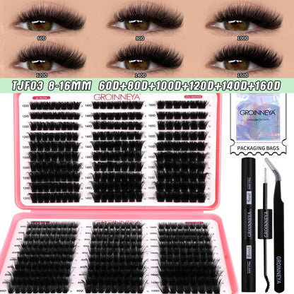 GROINNEYA DIY Lash Clusters Kit Mixed Tray Eyelash Extension Full Set Individual Lashes with Lash Bond&Seal and Tweezers Tool