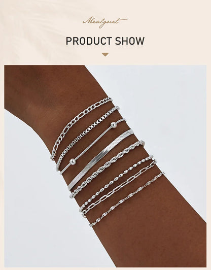 Women Chain Bracelet Silver Color, Stainless Steel Link Stackable Bracelets, Layered Fashion Accessories Gifts