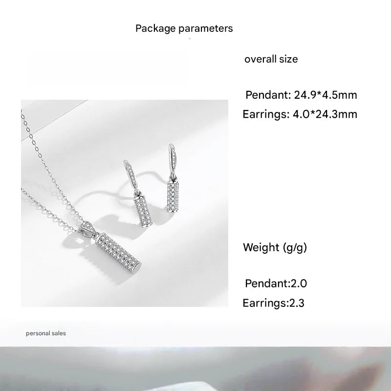 925 Sterling Silver Cylindrical Necklace And Earrings Set Inlaid With AAAAA Zircon Elegant Women's Jewelry Combination