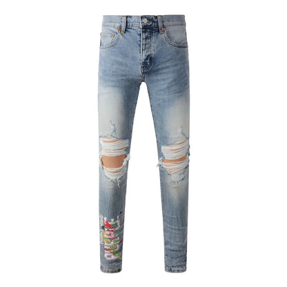 High Street New Trendy Men's Jeans Low Rise Stretch PantsSkinny Button Fly Ripped Retro Hold Trousers