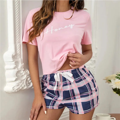 Faux Cotton Pajamas Set Women Plaid Shorts&Short Sleeved Set Round Neck Sleepwear Girls Letter Print Loungewear Homewear Pyjamas