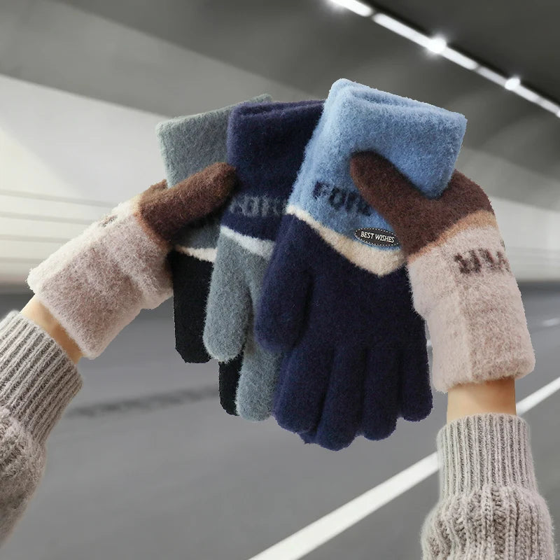 Touchscreen Cotton Gloves for Men, Winter Warm Fleece-Lined Thick Knitted Gloves for Cycling, Unisex Cold-Proof Gloves