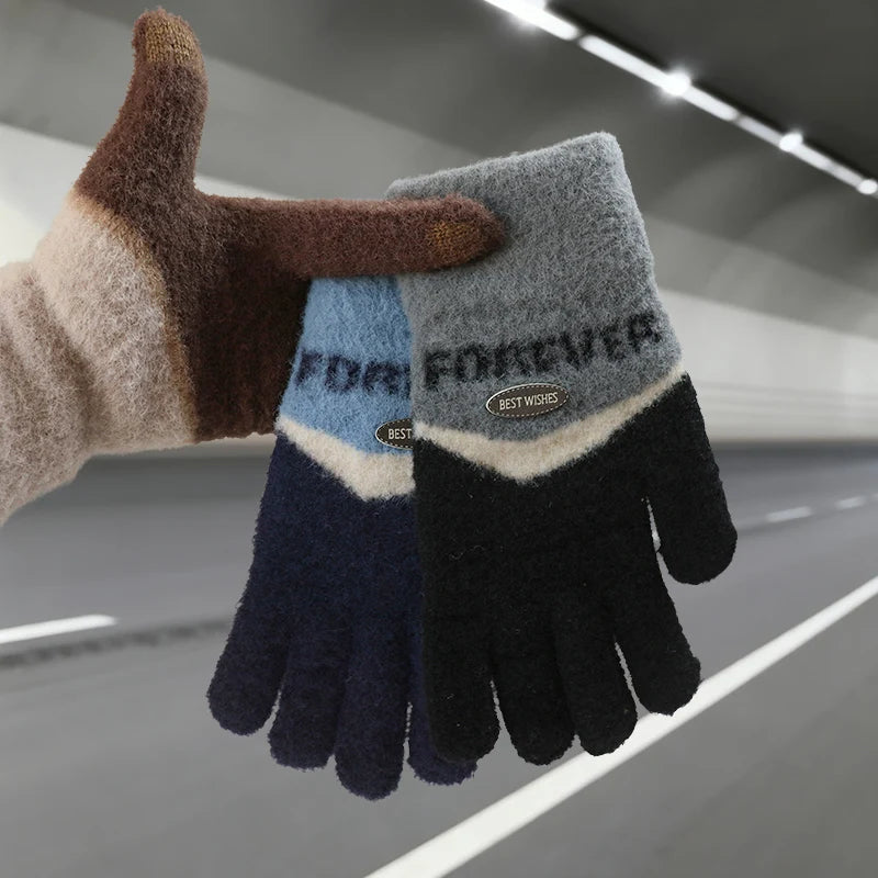 Touchscreen Cotton Gloves for Men, Winter Warm Fleece-Lined Thick Knitted Gloves for Cycling, Unisex Cold-Proof Gloves