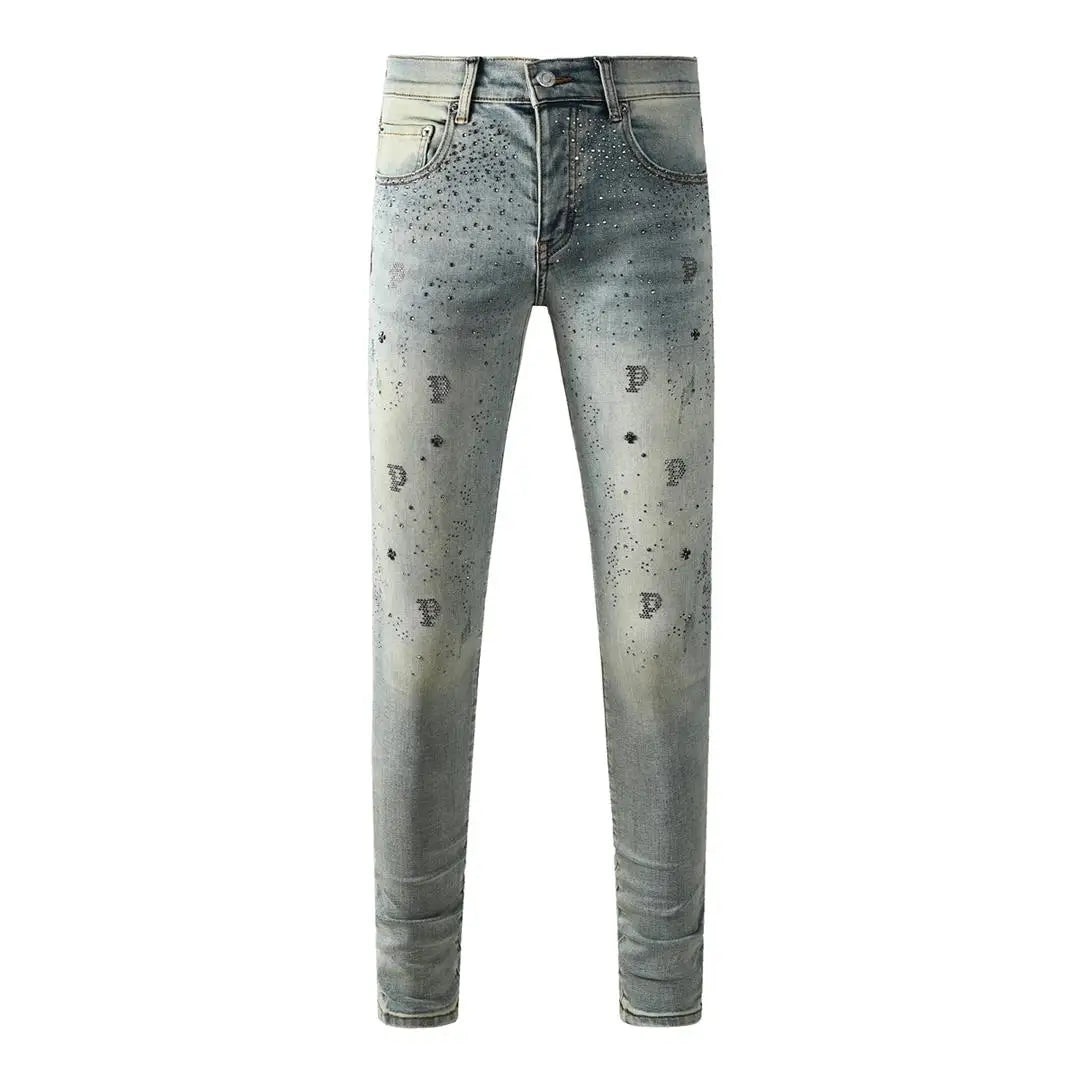 High Street New Trendy Men's Jeans Low Rise Stretch PantsSkinny Button Fly Ripped Retro Hold Trousers