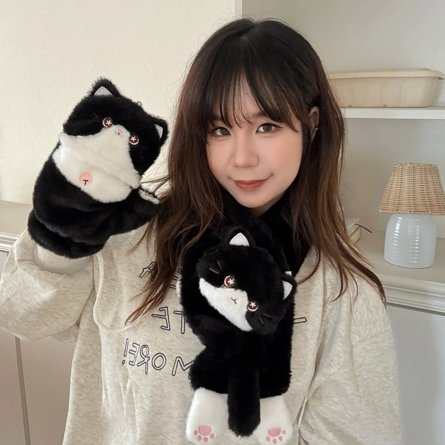 Cute Milk Cat Plush Autumn And Winter Cold Resistant Warm Gloves Scarf Kitten Knee Pads