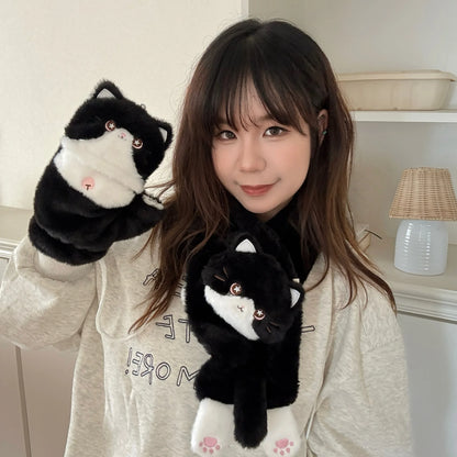 Cute Milk Cat Plush Autumn And Winter Cold Resistant Warm Gloves Scarf Kitten Knee Pads
